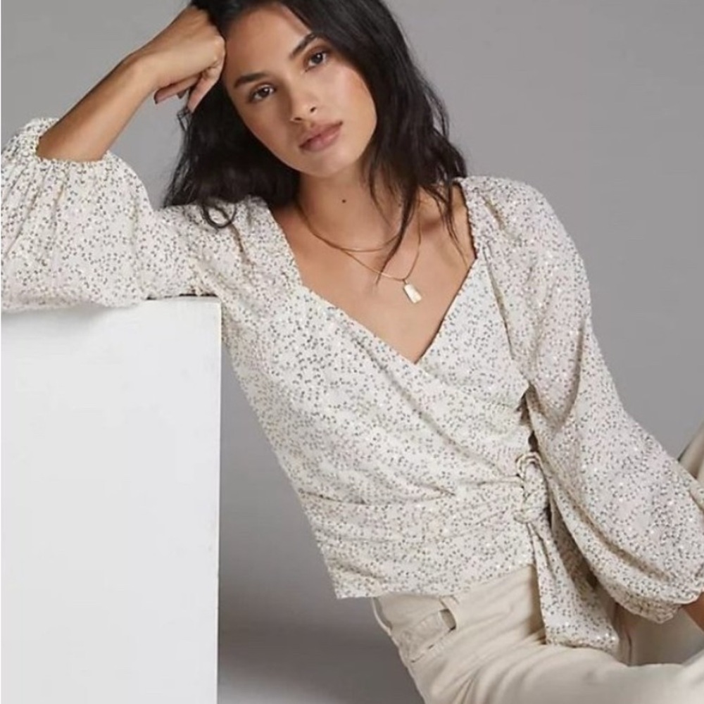 Anthropologie Cream Sequence Wrap Blouse